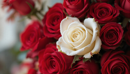 White rose among red roses in beautiful floral bouquet
