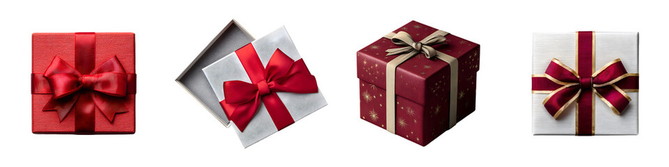 Set of red and white Christmas gift boxes with bows, isolated on transparent background