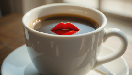 Love for coffee with red lips on surface of a cup in cozy setting
