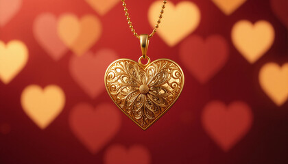 Golden heart pendant on chain with romantic background for Valentine's Day gift
