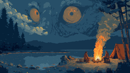 Campfire at the lake spooky illustration