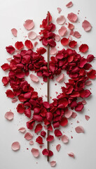 Heart of rose petals pierced by arrow on white background
