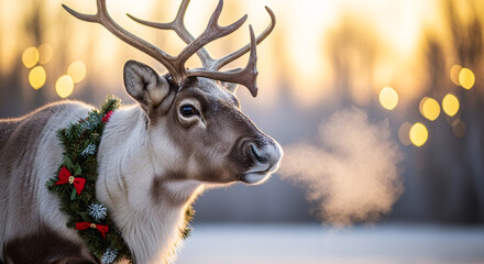 Majestic reindeer wearing a christmas wreath with frosty breath in a snowy forest with bokeh lights