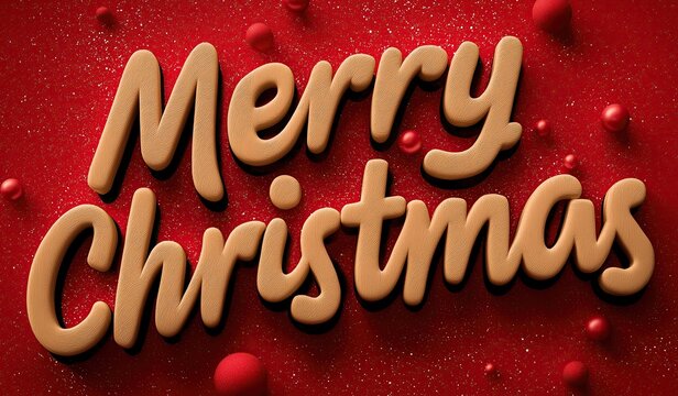 Merry Christmas written in brown letters on a red background with small Christmas balls in a cute playful bold lettering style