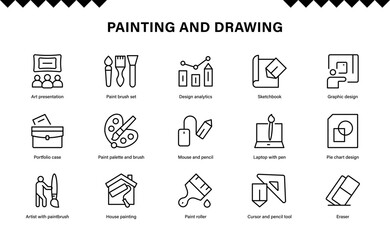 Painting and Drawing Modern Line Icon Set Featuring Professional Minimal Design and Unique Artistic Symbols for Clean and Creative Visual Projects