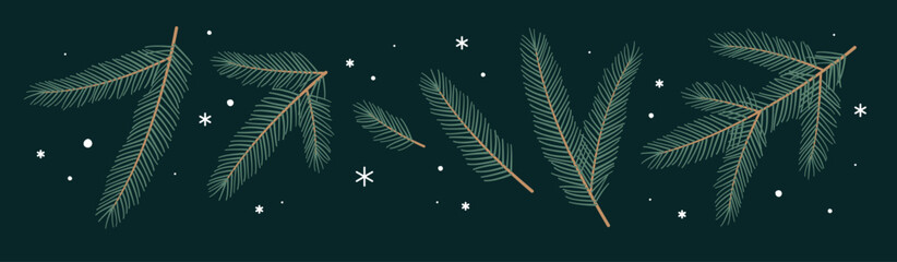 Winter Christmas Spruce Branches and Snowflakes