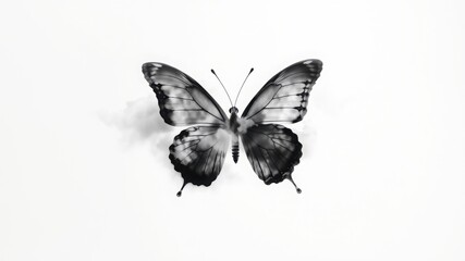 Monochrome butterfly with intricate wing patterns on a white background.
