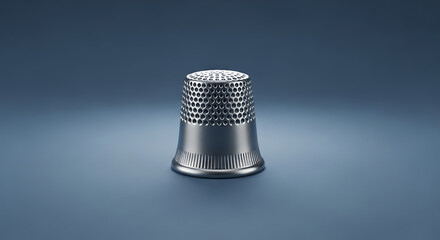 A single silver thimble with a pattern of holes sits on a gradient gray blue background surface