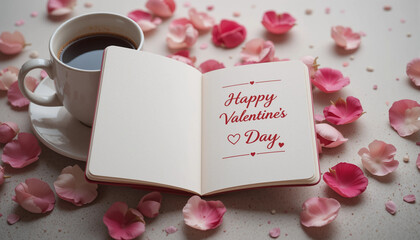 Open notebook with Valentine's Day message surrounded by coffee and rose petals