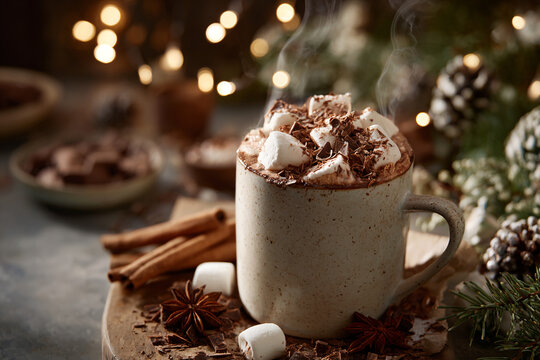 Hot chocolate in ceramic mug topped with whipped cream and marshmallows, gentle steam rising, surrounded by chocolate pieces and festive spices