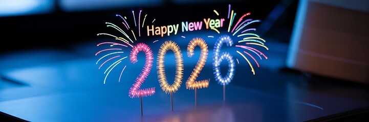 Illustration of happy new year 2026 celebration with colorful fireworks display