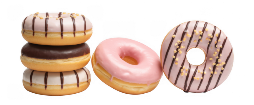 Stacked and single donuts with pink and chocolate icing isolated on a transparent background