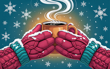 Cozy winter scene: hands in red mittens holding hot steaming mug