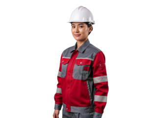 Female construction worker posing confidently in safety gear with a hard hat in a studio setting