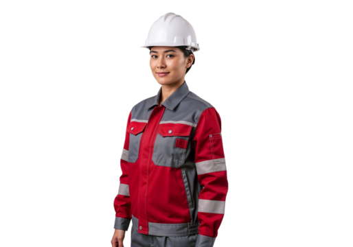 Female construction worker posing confidently in safety gear with a hard hat in a studio setting - Powered by Adobe