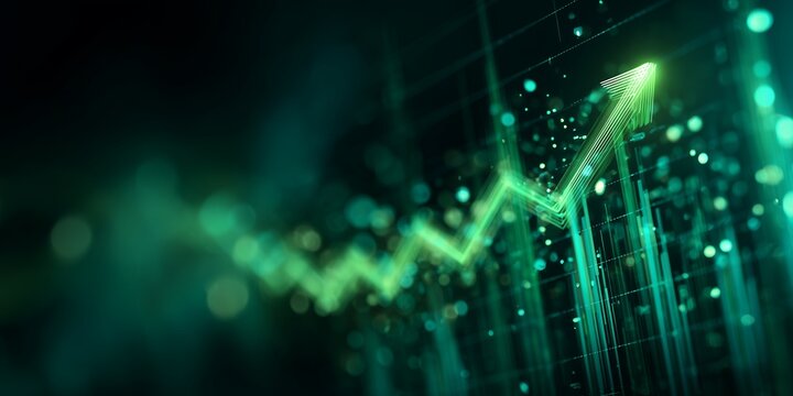 Abstract green arrow chart going upward, data analysis concept for financial growth, investment strategies and market success