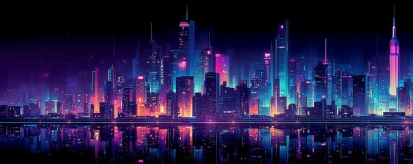 Vibrant cityscape at night with reflections on water showcasing neon lights, concept for urban exploration, futuristic architecture and digital art