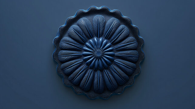 A monochromatic blue rosette with feather like petals and a textured border design