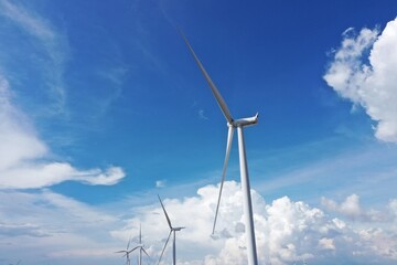 Fototapeta premium Aerial view of powerful Wind turbine farm for energy production on beautiful cloudy sky at highland. Wind power turbines generating clean renewable energy for sustainable development green energy.