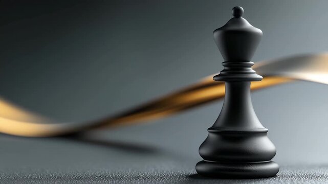 Strategic Move of a Matte-Black Rook Chess Piece Against a Soft Gray Background with a Golden Arc Suggesting Competition