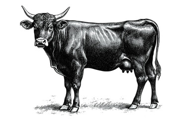 Cow, bull, farm. Vintage retro print, black white cow sketch ink pencil style drawing, engrave old school. Sketch artwork silhouette farm cow, white background. Side view profile. Illustration