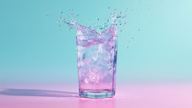 カラフルな水しぶきが広がる、透明グラスの接写スタジオカット