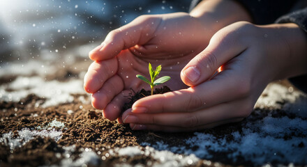 We protect the harvest of young seedlings and sprouts from frost in the spring. A farmer's hands protect a sprout from frost.