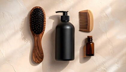 Personal care items including a black pump bottle, wooden brush, and comb arranged on a textured surface