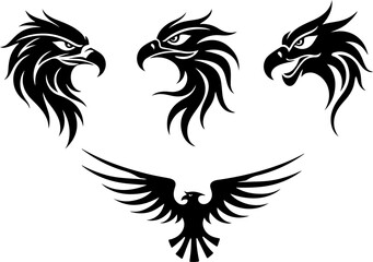 Obraz premium Tribal Eagle Silhouette Bundle – Fierce Bird Head & Winged Eagle Vector Set