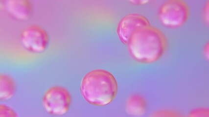 Spherical, translucent pink orbs float in a soft, pastel background with a gentle rainbow arc - Powered by Adobe