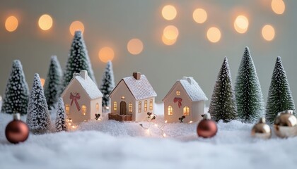 Fototapeta premium Miniature snow-covered village scene features illuminated houses nestled among frosted evergreen trees with festive ornaments.