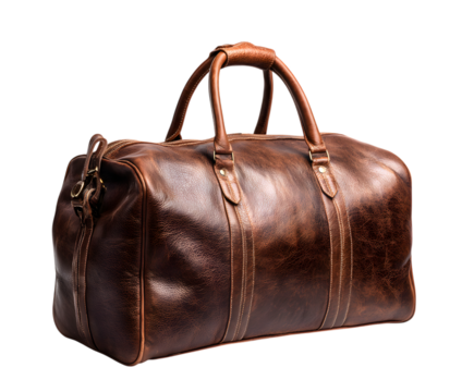 Stylish brown leather duffel bag isolated on transparent background for weekend