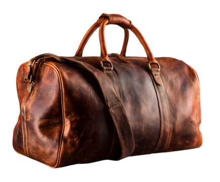 Vintage brown leather duffel bag isolated on transparent background with strap