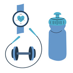 Dumbbell with a water bottle, smart watch and jump rope for sports.