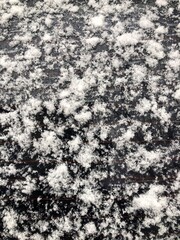 Fresh snowflakes on dark surface forming natural winter texture, close-up of fluffy white snow creating seasonal cold weather background