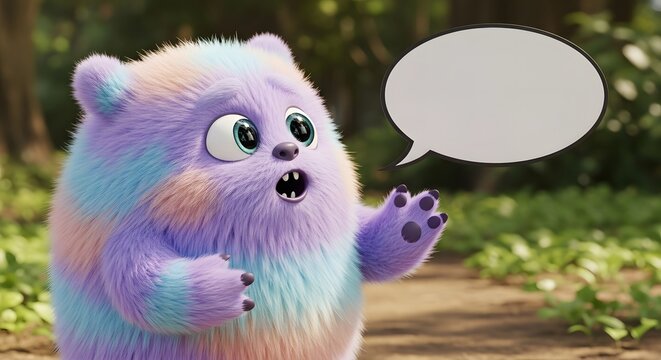Shocked Rainbow Fluffy Monster Holding Speech Bubble in Forest Background