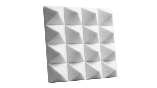 An acoustic foam panel stands vertically highlighting deep sound absorbing texture and professional studio quality on white background