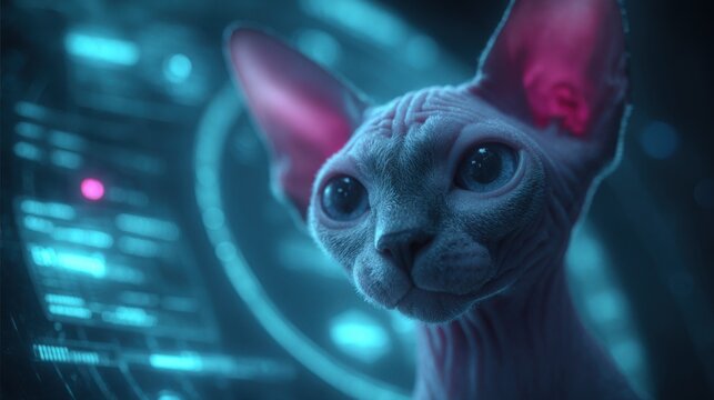 Cyberpunk feline concept art of a hairless cat in a high-tech sci-fi setting