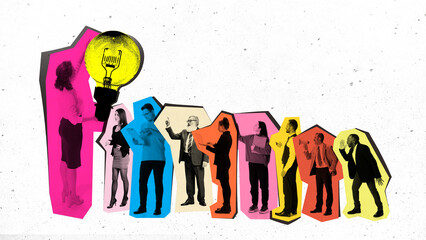 Vibrant collage of 8 diverse business people reacting to bright idea moment. Concept of teamwork visuals, leadership materials, innovation posters, corporate communication.