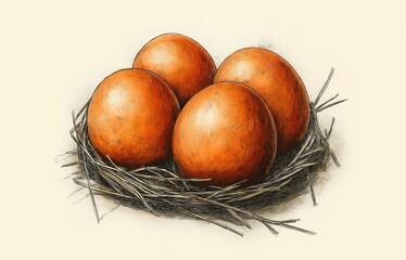 Nest with eggs, sketch. Vintage retro print, hand-drawn illustration nest, eggs, engraving, detailed drawing, eggs nest. Black ink, simple lines, sketch style, line art, graphic design. Illustration