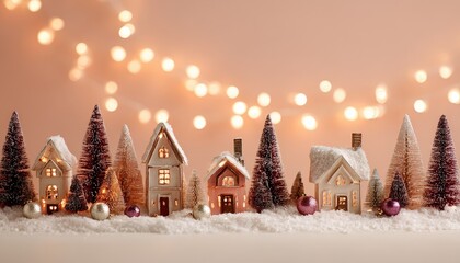 Miniature winter village scene features illuminated houses nestled among bottle brush trees covered in soft snow