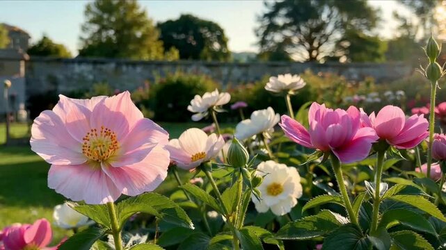 A close-up captures a vibrant garden scene, with a profusion of colorful flowers in full bloom. The foreground showcases a dazzling array of pink and white peonies.