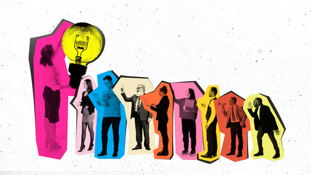 Vibrant collage of 8 diverse business people reacting to bright idea moment. Concept of teamwork visuals, leadership materials, innovation posters, corporate communication.