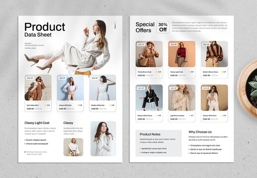Modern Product Data Sheet Template for Fashion Clothing Catalog Layout