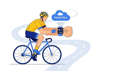 Obraz premium Cyclist Monitoring Health Data with Smartwatch on Winding Road for Active Lifestyle