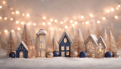 Miniature illuminated village houses and bottle brush trees sit nestled in soft snow beneath festive lights