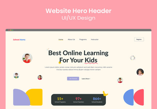 Online Kids Education Hero Header UI Template for School Website