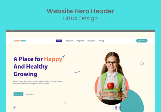 Kids School Landing Page Hero Header Template for Educational Website