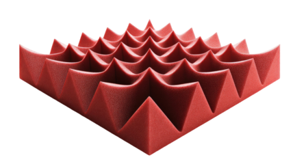An acoustic foam panel stands vertically highlighting deep sound absorbing texture and professional studio quality on white background