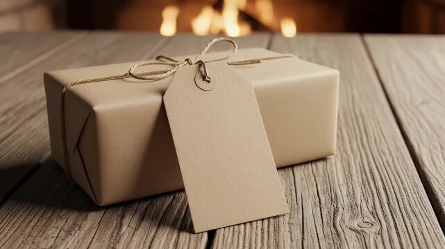 This video features a beautifully wrapped, minimalist gift box resting on a rustic wooden table. The package, presented in a warm, neutral tone, is neatly tied with natural twine, and a blank, customi